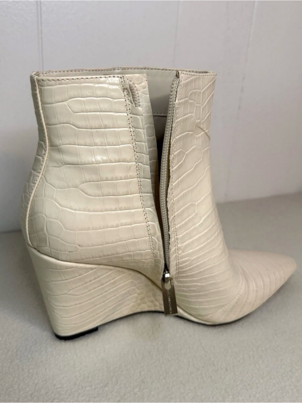 Vince Camuto Croc-Embossed Cream Wedge Ankle Boots - Picture 7 of 15